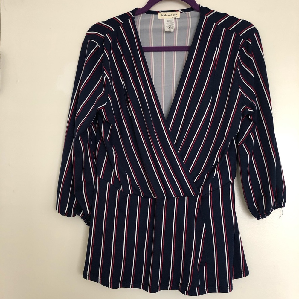 Blue, red white pinstriped peplum blouse